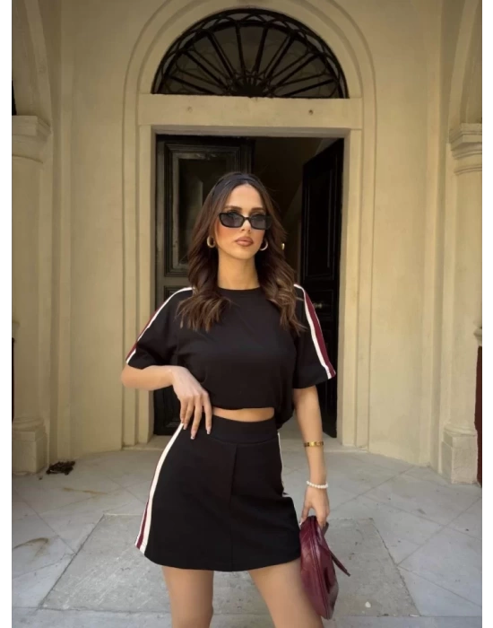 Osy Modal Yumuşak Dokulu Kumaş Parçalı Bisiklet Yaka T-shirt Mini Şortlu Etek İkili Takım - Siyah