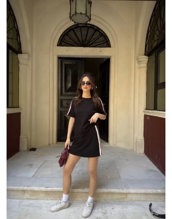 Osy Modal Yumuşak Dokulu Kumaş Parçalı Bisiklet Yaka T-shirt Mini Şortlu Etek İkili Takım - Siyah