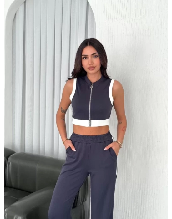Osy Modal Yumuşak Dokulu Kumaş Tam Fermuarlı Crop Pantalon İkili Takım - Antrasit