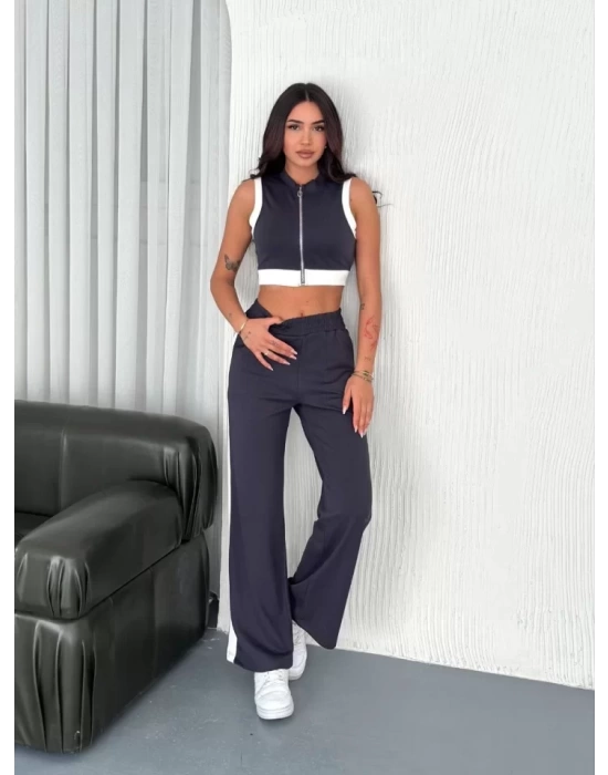 Osy Modal Yumuşak Dokulu Kumaş Tam Fermuarlı Crop Pantalon İkili Takım - Antrasit