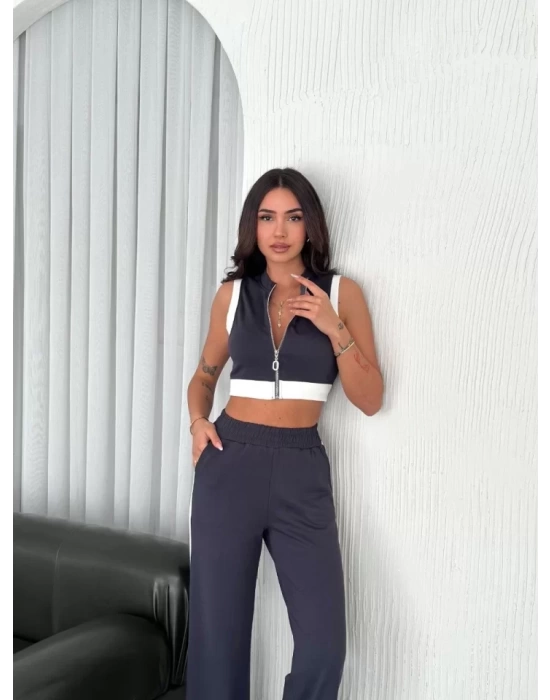 Osy Modal Yumuşak Dokulu Kumaş Tam Fermuarlı Crop Pantalon İkili Takım - Antrasit