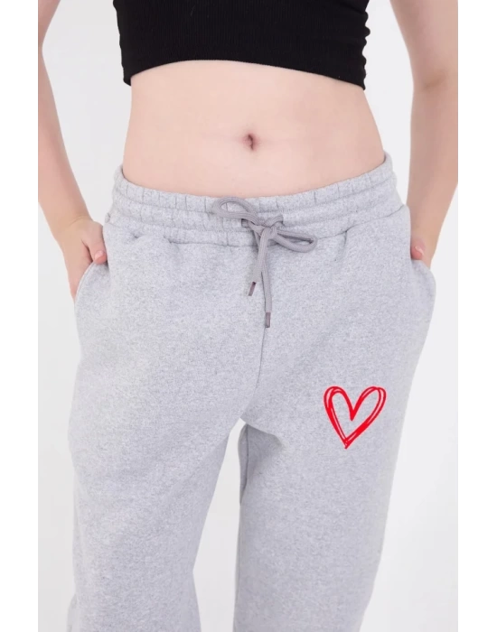Oversize Boru Paça Baskılı Eşofman Pantolon - Gri
