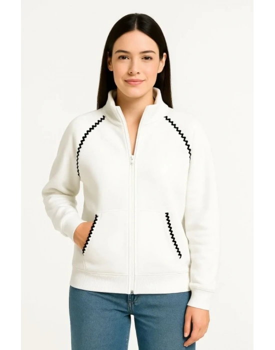 Oversize Dik Yaka Fermuarlı Sweatshirt - Zincir Nakışli Kanguru Cepli, - Beyaz