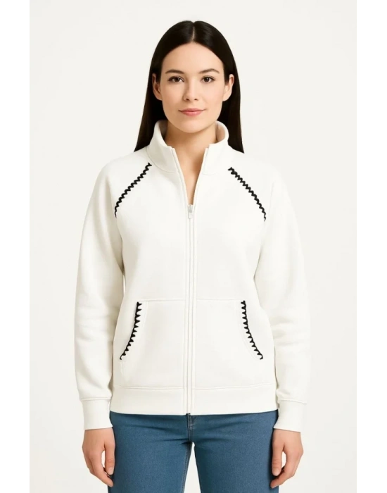 Oversize Dik Yaka Fermuarlı Sweatshirt - Zincir Nakışli Kanguru Cepli, - Beyaz