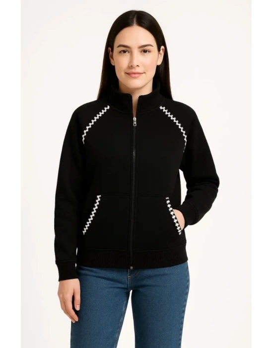 Oversize Dik Yaka Fermuarlı Sweatshirt - Zincir Nakışli Kanguru Cepli, - Siyah