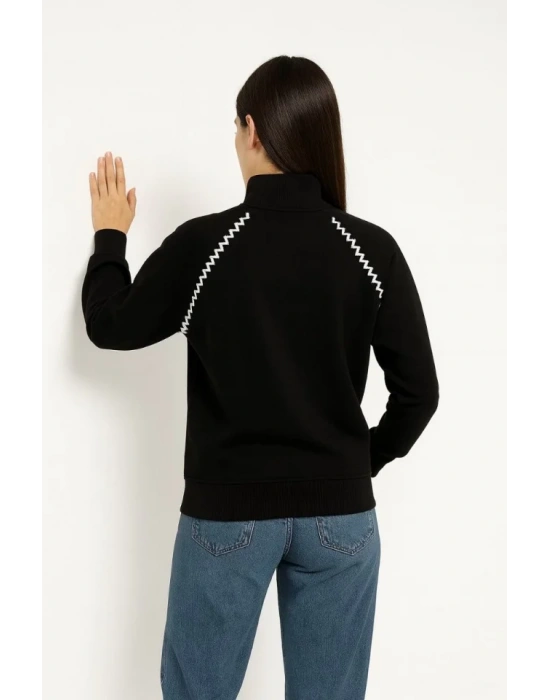 Oversize Dik Yaka Fermuarlı Sweatshirt - Zincir Nakışli Kanguru Cepli, - Siyah