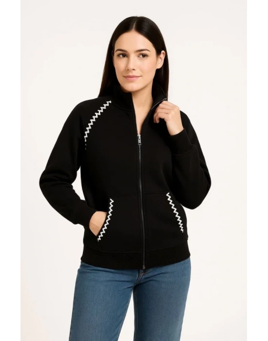 Oversize Dik Yaka Fermuarlı Sweatshirt - Zincir Nakışli Kanguru Cepli, - Siyah