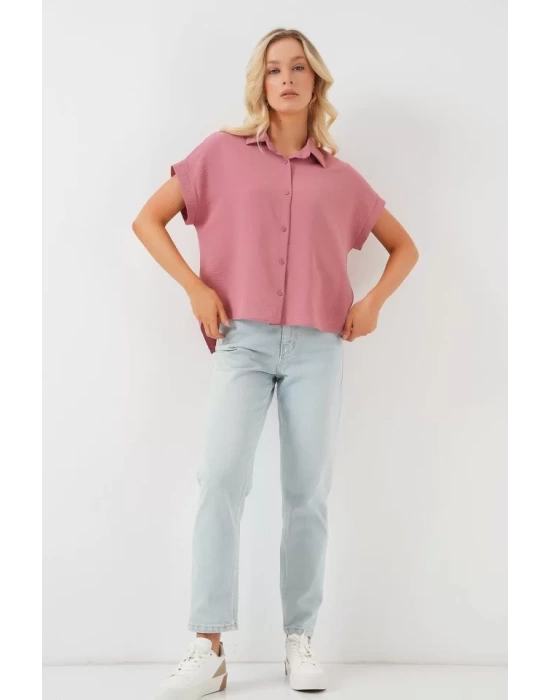 Oversize Kısa Kol Gömlek 20322 - Pembe