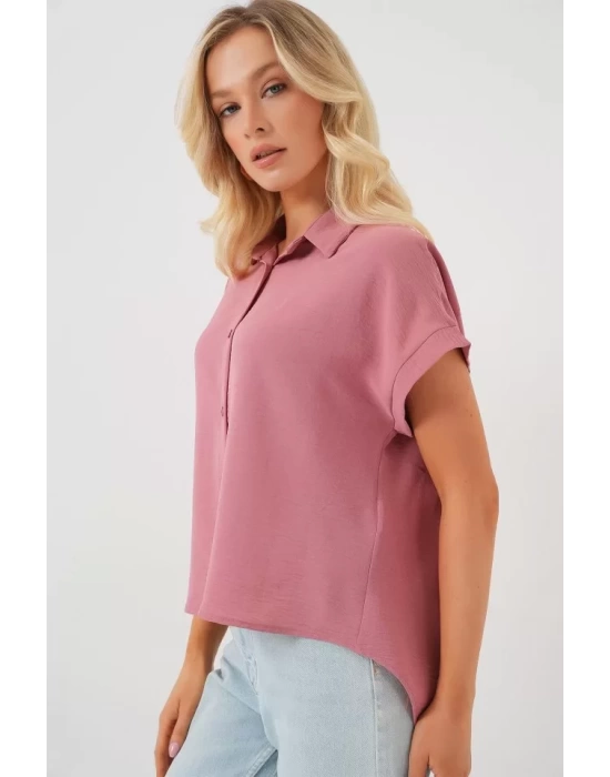 Oversize Kısa Kol Gömlek 20322 - Pembe