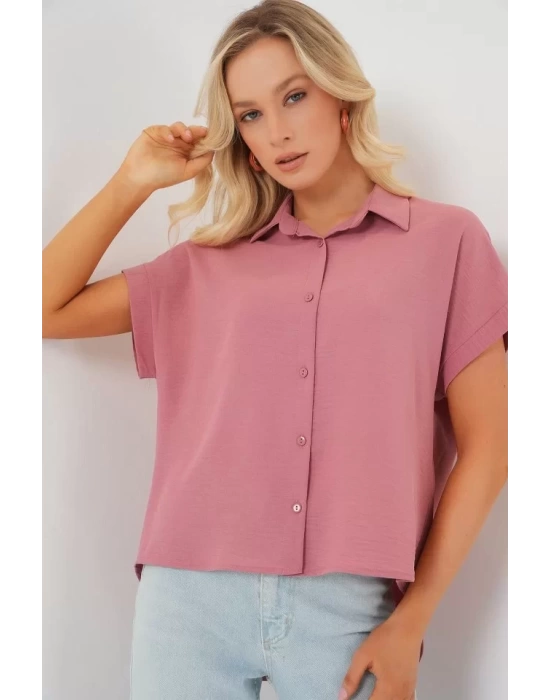 Oversize Kısa Kol Gömlek 20322 - Pembe