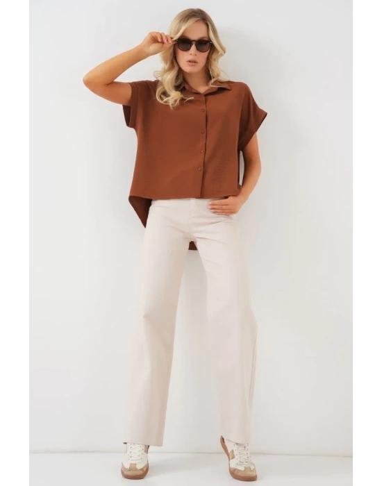 Oversize Kısa Kol Gömlek 20322 - Taba
