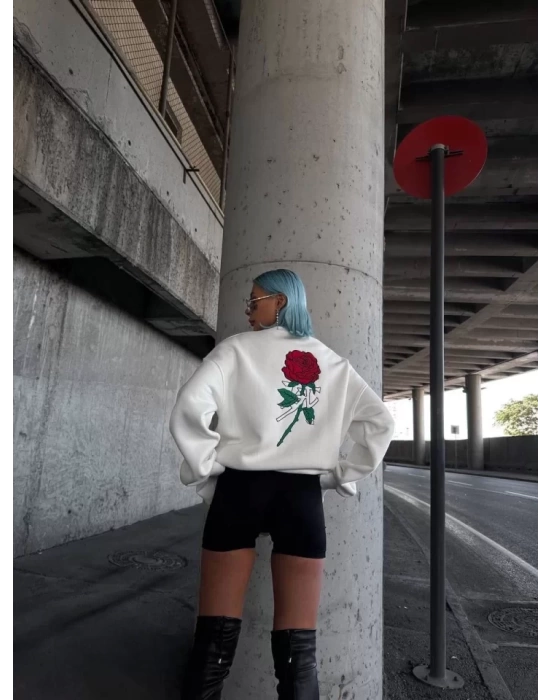 Oversize Üç İplik Bisiklet Yaka Baskılı SweatShirt - Beyaz