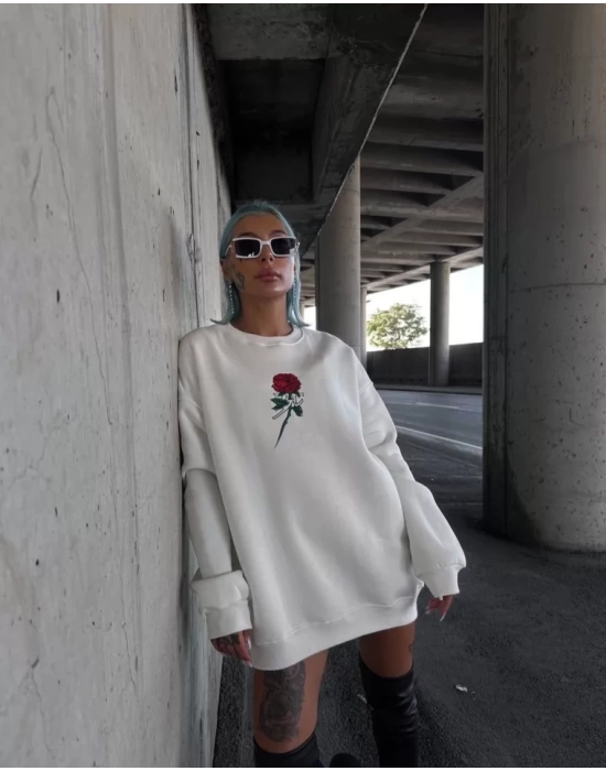 Oversize Üç İplik Bisiklet Yaka Baskılı SweatShirt - Beyaz