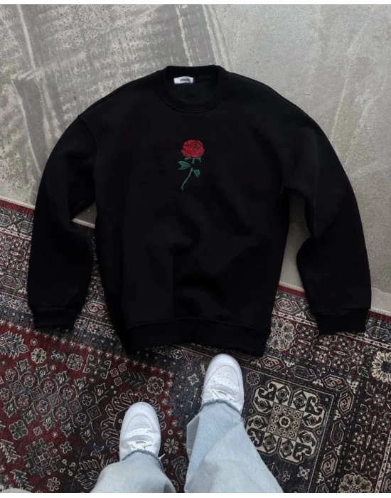 Oversize Üç İplik Bisiklet Yaka Baskılı SweatShirt - Siyah