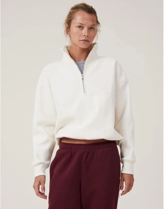 Oversize Yarım Farmuarlı Yakalı Basic SweatShirt - Beyaz