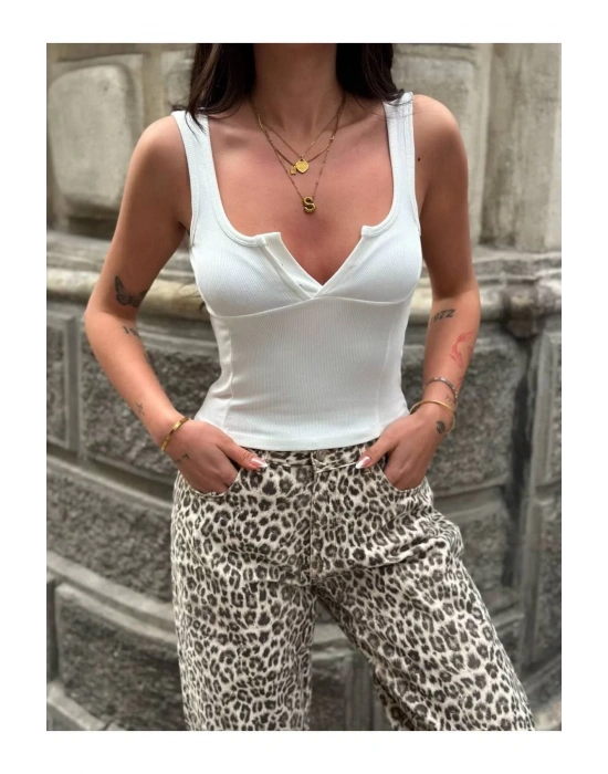 Pamuklu Kaşkorse Kumaş V Yaka Crop Atlet – Kadın Yazlık Fit Kolsuz Bluz