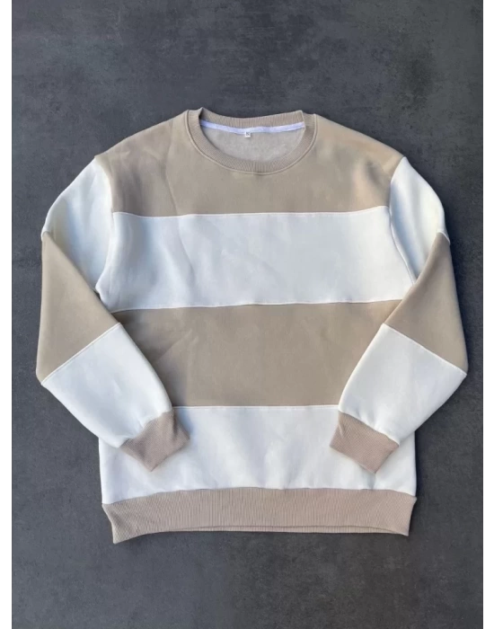Parçalı Bisiklet Yaka Baskılı SweatShirt - Bej