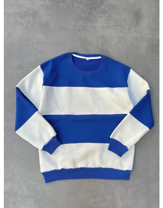 Parçalı Bisiklet Yaka Baskılı SweatShirt - Mavi