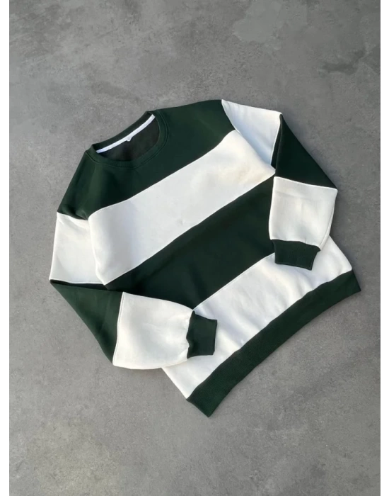 Parçalı Bisiklet Yaka Baskılı SweatShirt - Yeşil