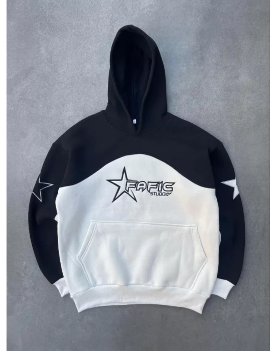 Parçalı Nakış İşlemelı Kapşonlu SweatShirt - Siyah