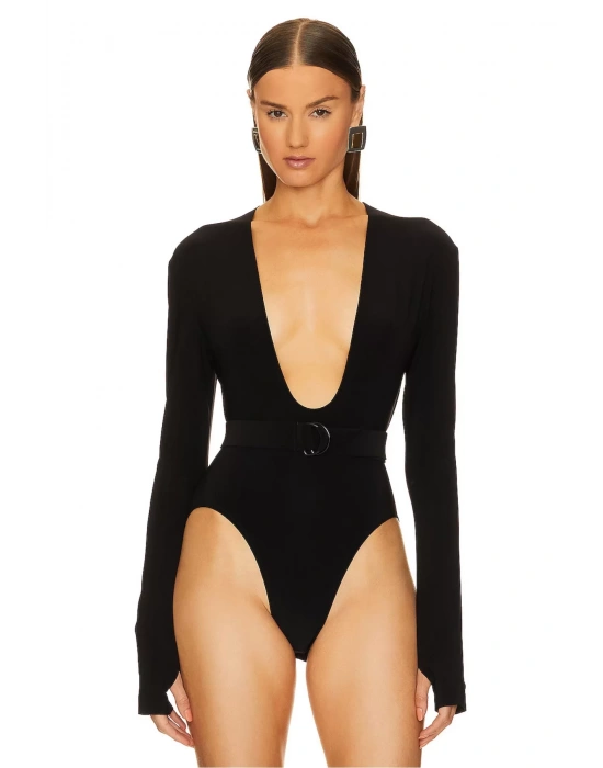 bysoca Kadın Siyah Kemerli Derin V Yaka Uzun Kollu Parmak Geçmeli Sandy Kumaş Tanga Bodysuit
