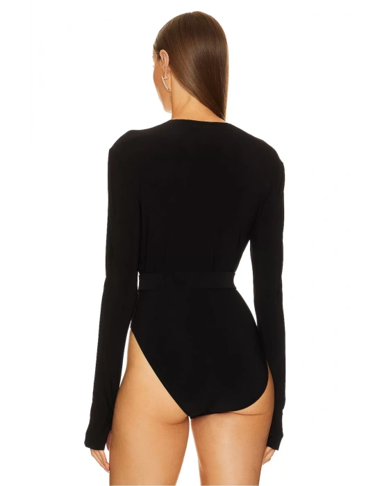 bysoca Kadın Siyah Kemerli Derin V Yaka Uzun Kollu Parmak Geçmeli Sandy Kumaş Tanga Bodysuit