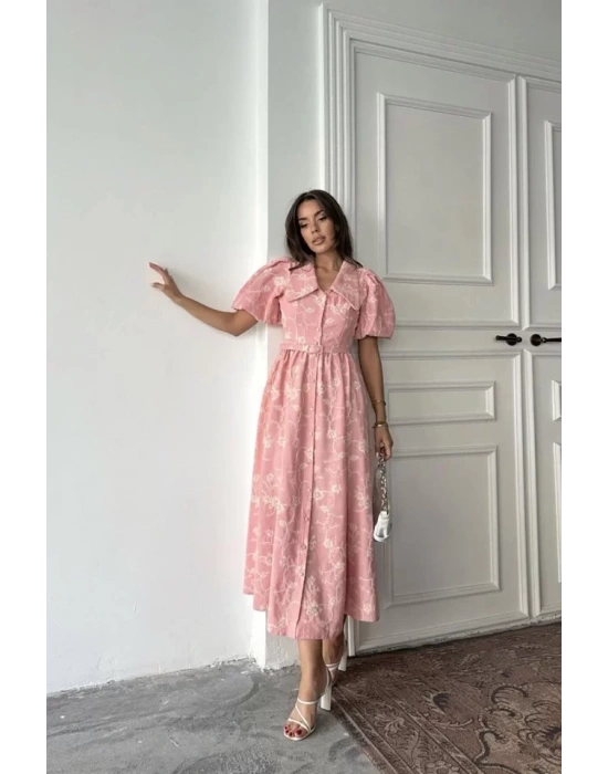 Pembe Bebe Yaka Balon Kollu Elbise