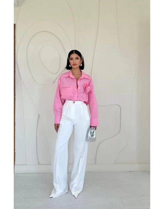 Pembe Fleto Cepli Poplin Gömlek