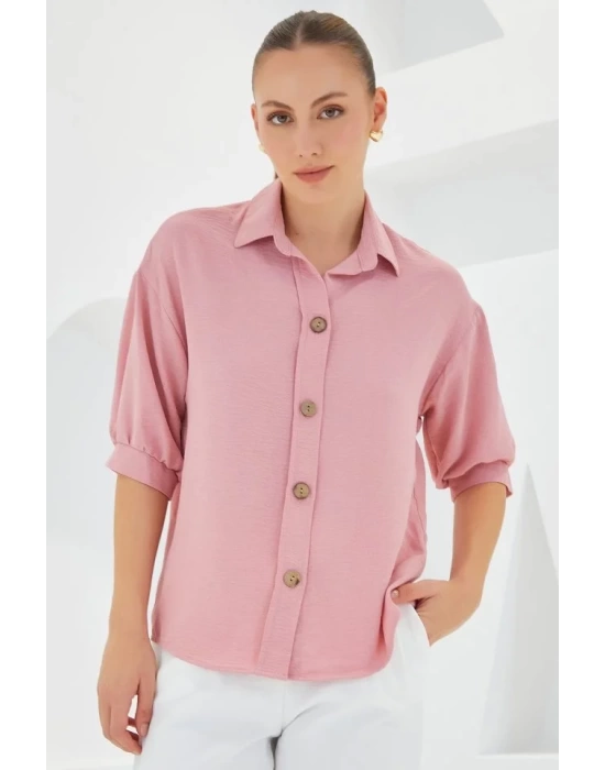 Pembe Kısa Kol Oversize Keten Gömlek 20240