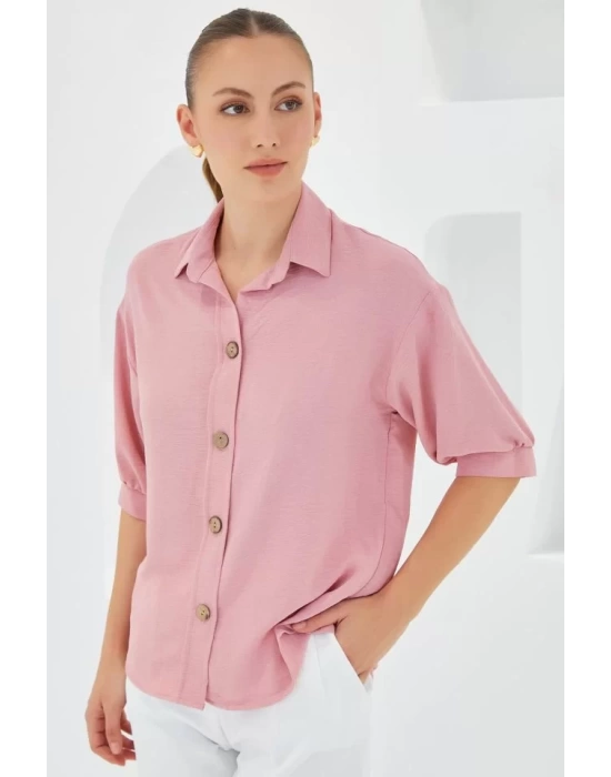 Pembe Kısa Kol Oversize Keten Gömlek 20240