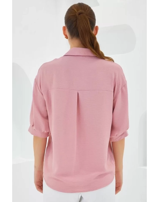 Pembe Kısa Kol Oversize Keten Gömlek 20240