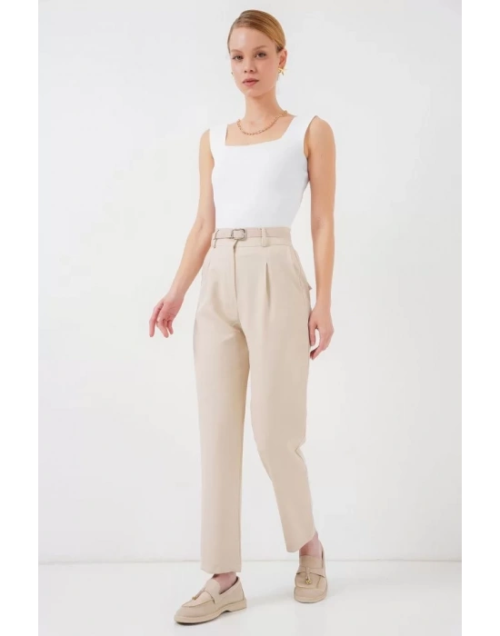 Pileli Kemerli Kumaş Pantolon 6725 - Krem