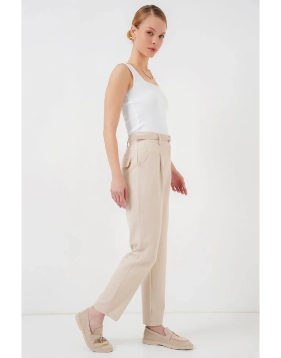 Pileli Kemerli Kumaş Pantolon 6725 - Krem