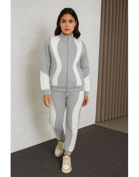 Premium Parçalı Eşofman Takım - Dik Yaka Fermuarlı Sweatshirt - Gri