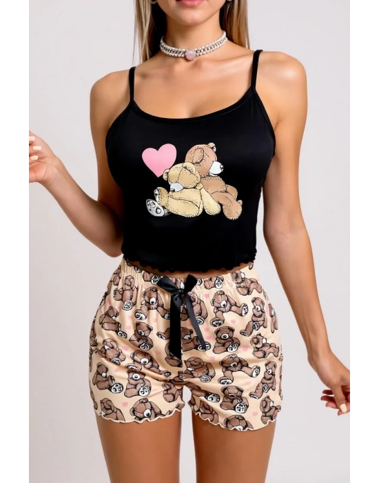 Renkli Ayıcık Desenli Askılı Şortlu Kadın Pijama Takımı