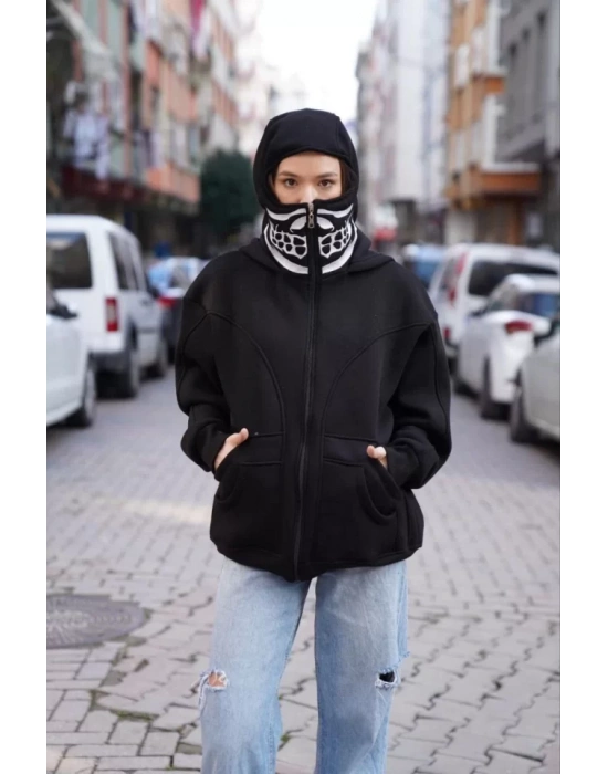 Samuray Kapşonlu ZIP Fermuarlı Çift Kapşonlu Nakışlı SweatShirt- Siyah