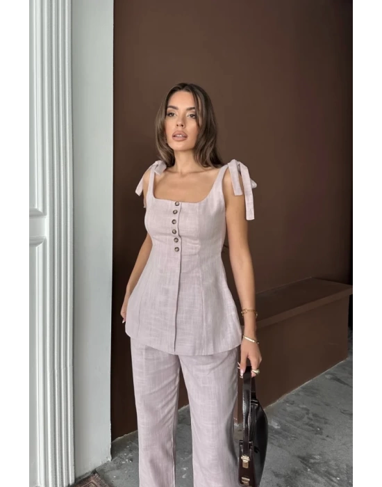 ŞANTUK KETEN YELEK GÖRÜNÜMLÜASKILI BLUZ - PANTOLON TK - Lila