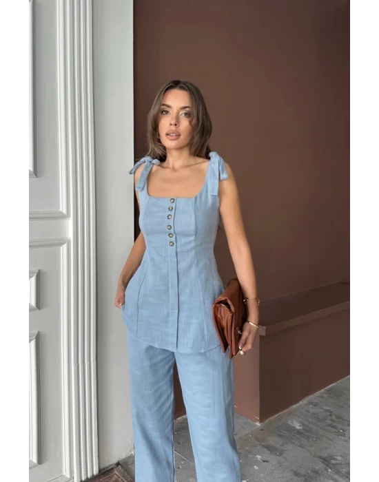 ŞANTUK KETEN YELEK GÖRÜNÜMLÜASKILI BLUZ - PANTOLON TK - Mavi
