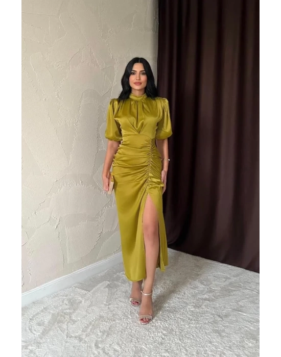 Sarı Büzgülü Saten Elbise