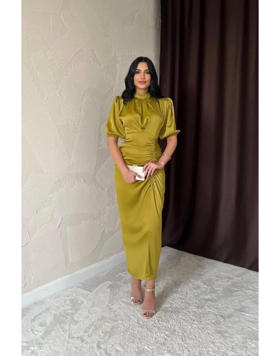 Sarı Büzgülü Saten Elbise