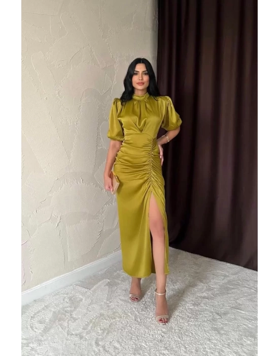 Sarı Büzgülü Saten Elbise