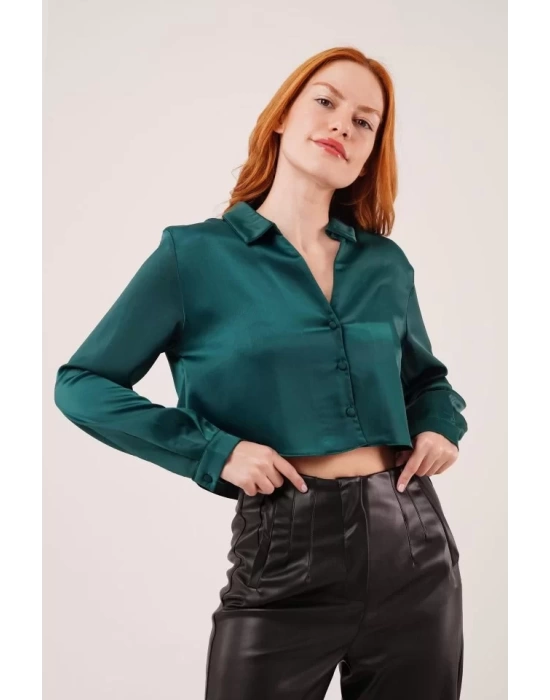 Saten Crop Model Yeşil Gömlek