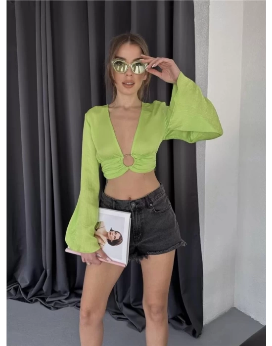 SATEN CROP TOKA DETAYLI BLUZ - Yeşil