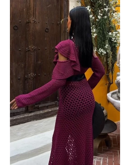 Saten Kuşaklı Ajurlu Triko Elbise 2847