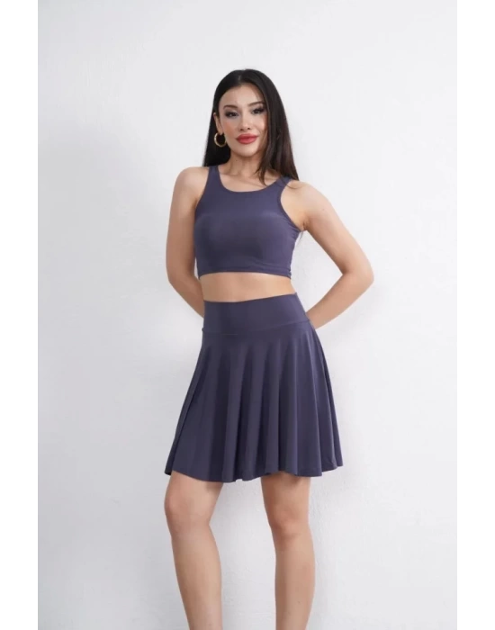 Sendy Kumaş Bisiklet Yaka Crop Şortlu Etek Ikili Takım - Antrasit