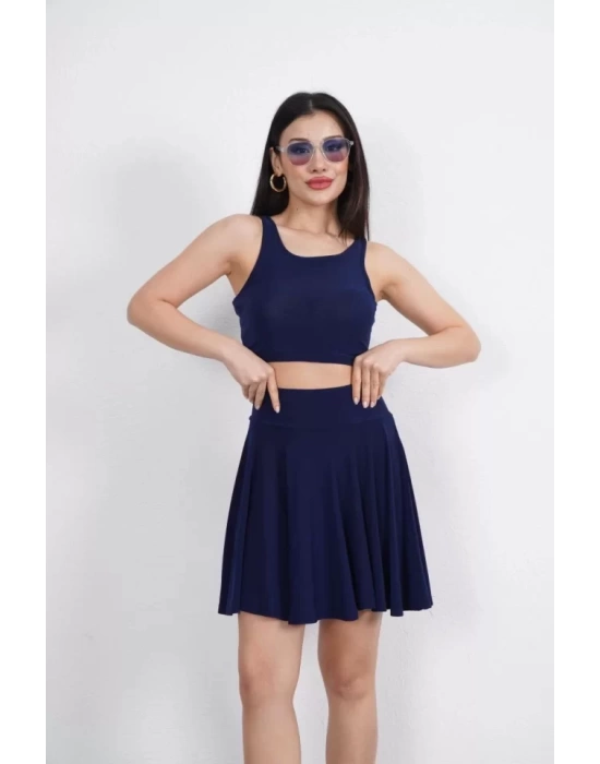 Sendy Kumaş Bisiklet Yaka Crop Şortlu Etek Ikili Takım - Lacivert