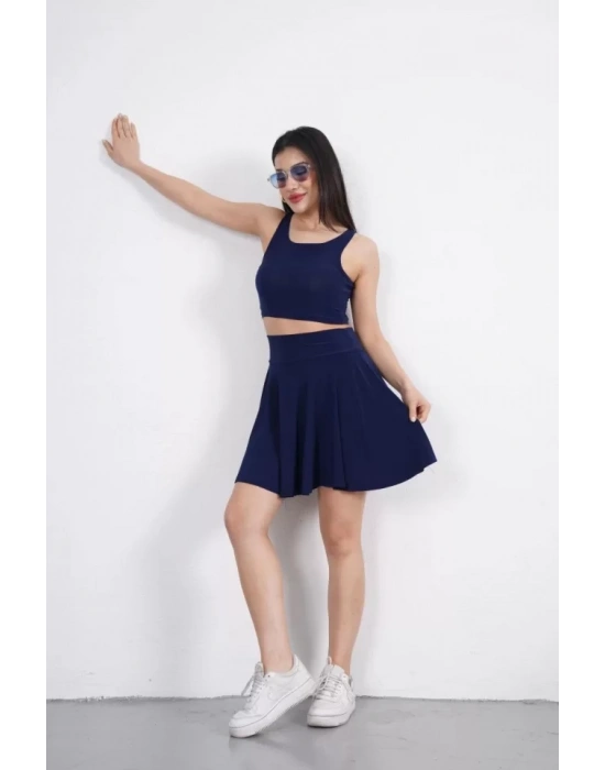 Sendy Kumaş Bisiklet Yaka Crop Şortlu Etek Ikili Takım - Lacivert