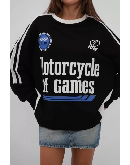 Şerit Detay Baskılı Oversize Sweatshirt