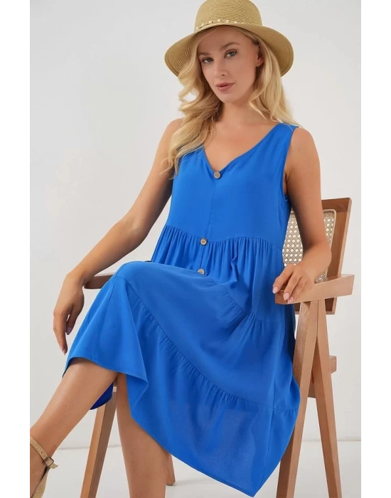 Sıfır Kol Düğmeli Kısa Elbise 2571 - Saks