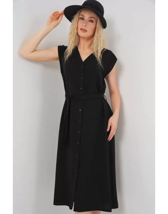 Sıfır Kol Kuşaklı Ayrobin Elbise 2568 - Siyah